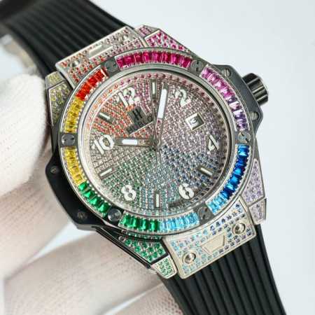 Hublot 宇舶 表 恒宝 Jr4 Big Bang 精钢彩虹彩钻腕表，擅长打破传统疆界，将不同材质和谐融合于一体，腕表将时计与珠宝的精髓相融合，以腕表点亮时 - 点击图像关闭