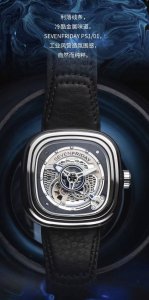 利落线条，冷酷金属味道，原单品质 七个星期五 Sevenfriday 工业风营造氛围感，自然而纯粹。5 层结构镂空表盘，铑金属蜂窝状切割纹案，可透视机芯摆轮，空