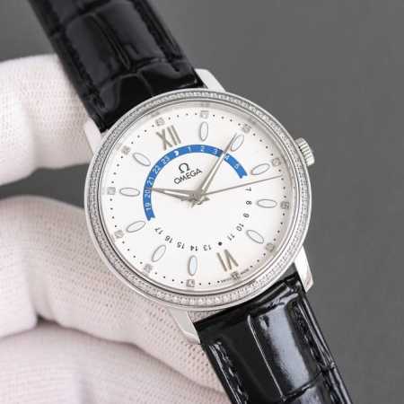 Omega 欧米伽潮男潮流新品男士全满钻壕镶腕表搭载全自动8S63亚洲全自动进口机械机芯零返修904L精钢表壳 意大利小牛皮表带超清高强度宝石镜面，品质保证 白 - 点击图像关闭