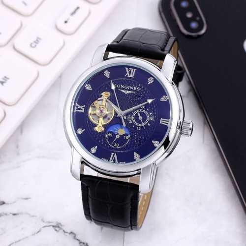 白： ，间金： ，全黑： ，全玫： ，浪琴一Longines九飞轮全自动日月星辰机械，6字位白天走时 太阳 晚上走时 月亮 [月亮]蕴含最优质的材料与一丝不苟的