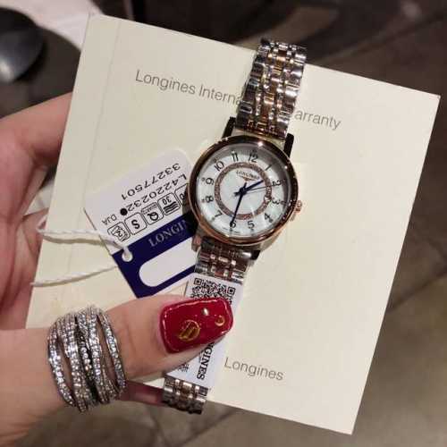白钢 间玫钢 浪琴 Longines 系列腕表 简约时尚 最佳单品 进口石英机芯 数字面 纯天然珍珠贝母表盘 搭配经典三针设计 3字位日历显示 双卜拱形抗耐磨玻