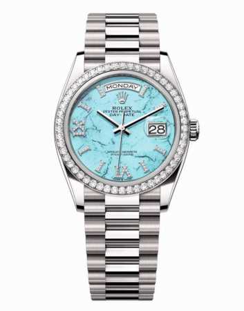 Rolex 劳力士 绿松石限量款星期日历型蚝式恒动机械腕表40Mm。劳力士绿松石镶钻双历日志手表。劳力士蚝式恒动星期日历型40腕表绿松石盘面。搭配镶钻绿松石表盘 - 点击图像关闭
