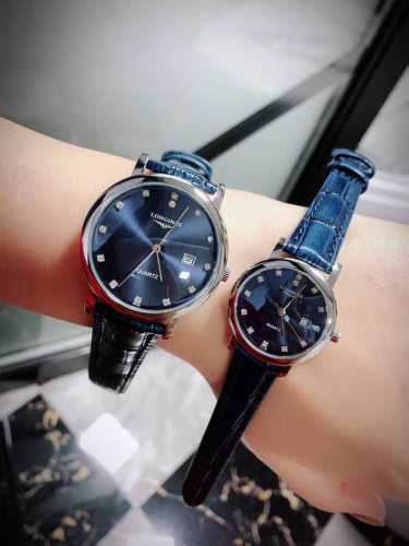 双面牛皮表带原装表扣 经典蓝色浪琴-Longines 经情典侣对表，拱形蓝光玻镜璃面 真表皮带，原装蝶蝴扣。搭载口进石英机芯，尺寸：男40Mm 女33Mm，厚度