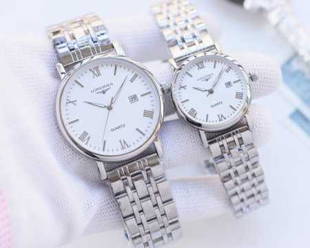 白壳 金壳 钢带20 品牌：浪琴-Longines 类型：情侣腕表 壳套：顶级版316精钢l 表带：进口小牛皮表带 316L精钢表带 机芯：进口石英机芯 镜面： - 点击图像关闭