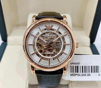 意大利Armani阿玛尼 Ar60007 玫瑰金機械錶 大三針鏤空設計 極具英倫魅力 全自動機械機芯 玫瑰金鍍層 30米生活防水 夜光指針 礦物玻璃面 真皮錶帶