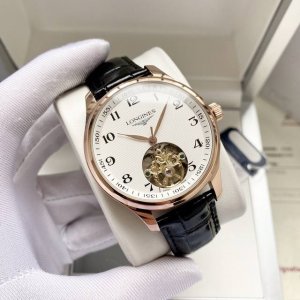 白壳 ，玫瑰金 。 新款名匠飞轮 经典爆款 时尚风格 优雅气质 浪琴-Longines 男士腕表 全自动机械机芯 矿物强化玻璃 316L精钢表壳 真皮表带 简约