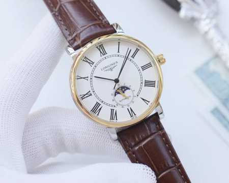 白壳 ，金壳 ，钢带20 品牌：浪琴-Longines 类型：男士腕表 壳套：顶级版316精钢l 表带：进口小牛皮表带 316L精钢表带 机芯：全自动机械机芯 - 点击图像关闭