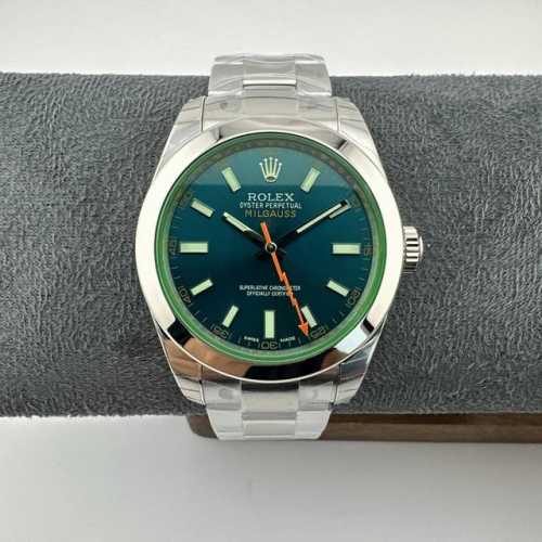 劳力士Milgauss系列，1 0闪电针 绿玻璃904L最高版本，蓝盘 绿盘！防磁双重底盖！ 同步绿色材料蓝宝石玻璃，定制全新的实心针轴3131一体机芯 尺寸：