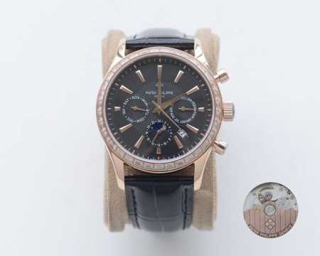 白 金玫 。百达翡丽-Patek Philippe复杂系列六针男表多功能腕表！搭载原装进口 0月相功能机芯机械表表盘上采用皮皮钻作为刻度更显示出这款腕表的华贵气 - 点击图像关闭
