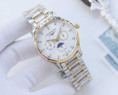 白壳 金壳 钢带20 品牌：浪琴-Longines 类型：男士腕表 壳套：顶级版316精钢l 表带：进口小牛皮表带 316L精钢表带 机芯：全自动机械机芯 镜面 - 点击图像关闭