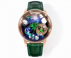 Jacob & Co 』捷克豹 天体艺术陀飞轮熊猫腕表. 生动展现竹林与熊猫的灵动世界，标志性的Astronomia机芯更赋予这款腕表独特的机械美学. 当国宝攀