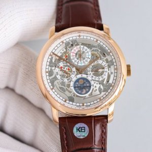 白壳 玫瑰金 传承系列万年历腕表。型号：43 00R-9687。这款41毫米直径表款体现江诗丹顿的超卓制表复杂功能传统，其中超薄表款更是个中典范。1：搭载与正品