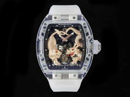 腕间风情．浓郁中国风 』 Rm51-01龙争虎斗陀飞轮腕表 Richard Mille 理查米尔 卧虎藏龙Rm 51-01水晶壳套材质，表壳为酒桶形人造水晶玻璃 - 点击图像关闭