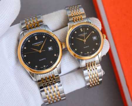金10 品牌：浪琴-Longines精致情侣腕表，简约三针搭配3字位单日历设计，316精钢表壳，尺寸：男40Mm女30Mm厚12Mm，顶级316精钢钢带，装配原 - 点击图像关闭