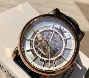 Emporio Armani阿玛尼 机械系列 机械之心 腕表 机械机芯 真皮表带 白色表盘 男表 透窗经典休闲潮流欧美