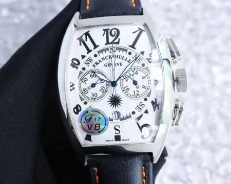白壳 。法兰克穆勒 Franck Muller 40*52Mm 酒桶型壳身 日本多功能石英机芯 头层小牛皮表带原装针扣 独特的f M风格 只为专属打造。F17 - 点击图像关闭