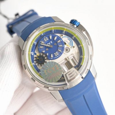 新品Hyt 品牌 H1 系列 机芯：机械全自动尺寸：46Mm 表壳：904钢表带：氟橡胶 由于机芯改造缘故手动上弦方向与原机芯相反 功能分别是：9点位圆盘外围有