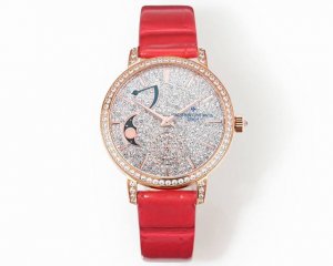 Tw出品白 金 全钻100 Tw Factory江诗丹顿传袭系列月相腕表搭配直径36毫米gv1 圆形白金表壳，表圈、表耳和表冠镶嵌了总重约1.2克拉的81颗美钻