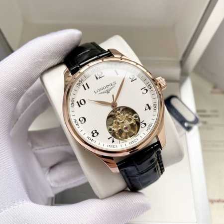 白壳 ，玫瑰金 。 新款名匠飞轮 经典爆款 时尚风格 优雅气质 浪琴-Longines 男士腕表 全自动机械机芯 矿物强化玻璃 316L精钢表壳 真皮表带 简约 - 点击图像关闭